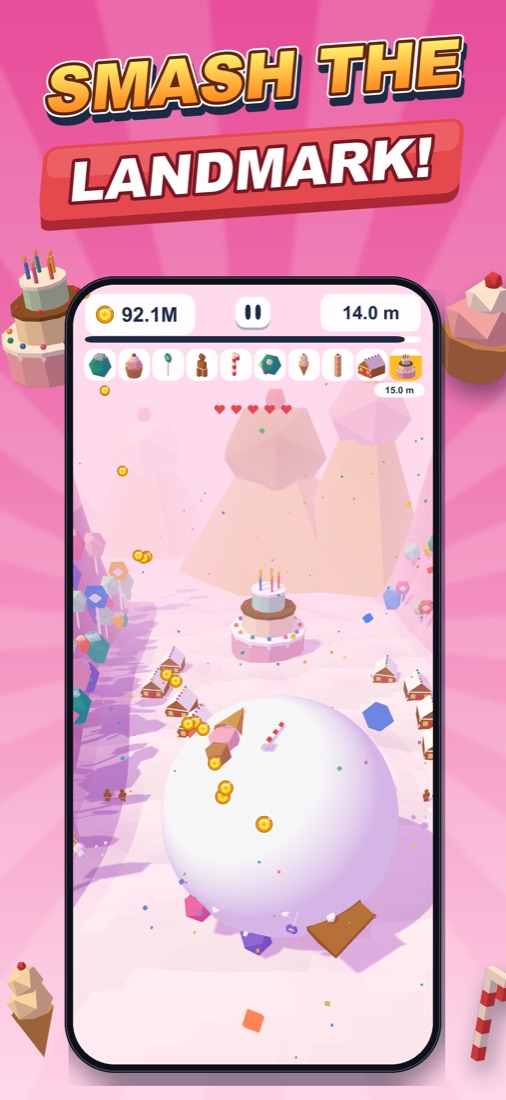 Smash the landmark: a giant ball approaching a cake in a candy world